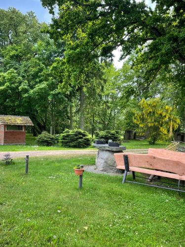a park bench sitting in the grass under a tree at Lauku viesu māja Bajāri in Rucava
