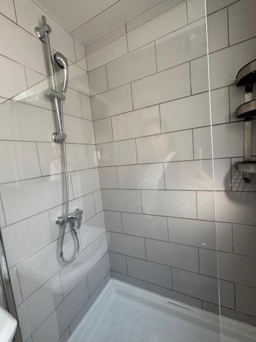 une douche avec une porte vitrée dans une salle de bain dans l'établissement Appartement Colisée Champs Elysées, à Paris
