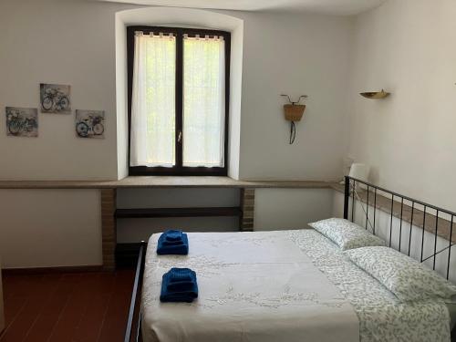 a bedroom with a bed with blue pillows on it at Al Portico Private Apartment in Boffalora sopra Ticino