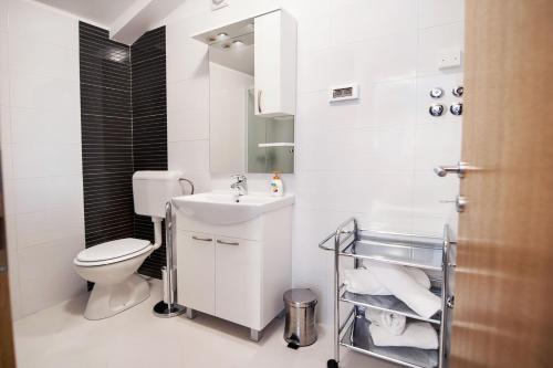 biała łazienka z toaletą i umywalką w obiekcie Apartments Centener w Rovinj