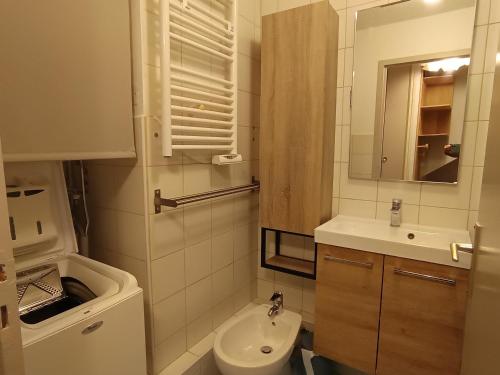 une petite salle de bain avec un lavabo et des toilettes dans l'établissement Studio rénové avec coin montagne, balcon, parking privé et animaux acceptés - FR-1-445-62, à Montgenèvre