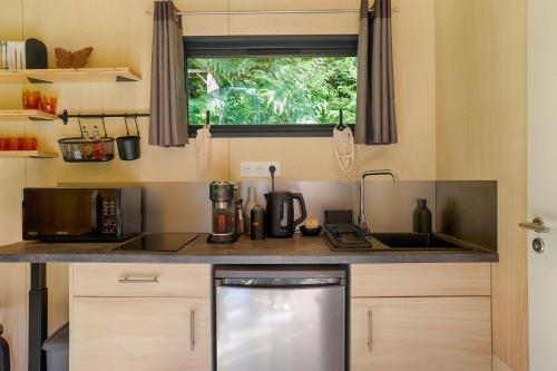 a small kitchen with a sink and a microwave at FORET TOTEM - Hébergements nature et bien-être en pleine forêt in Persquen