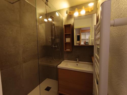 une salle de bain avec une douche, un lavabo et un miroir dans l'établissement Appartement rénové avec Wifi, plein sud, sur les pistes, parking privé – 4 à 5 pers. - FR-1-445-157, à Montgenèvre