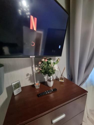 a television on top of a dresser with a remote control at Apartament Kalinderu K2 Busteni in Buşteni