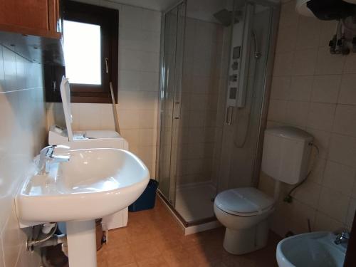 une salle de bain avec un lavabo, des toilettes et une douche dans l'établissement Appartement 5 pièces, 8 pers, balcon, parking, animaux admis - FR-1-445-179, à Montgenèvre