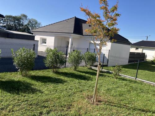 a small tree in a yard in front of a house at Chez nicolas in Sendets