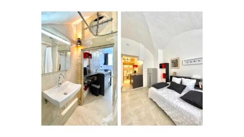 - deux photos d'une salle de bains avec un lit et un lavabo dans l'établissement Hôtel Villard Studio Monument Historique Gard Tourisme, à Nîmes