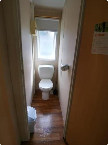 a small bathroom with a toilet and a window at Mobile-Home near to Europa Park, Rulantica in Boofzheim