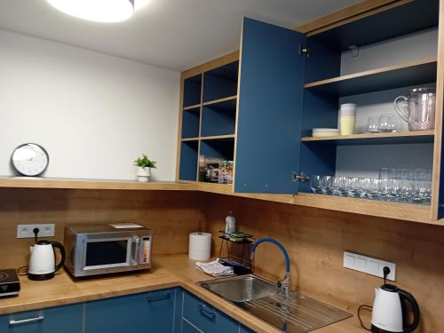 a kitchen with blue cabinets and a sink and a microwave at Chmelnice na stezce in Napajedla