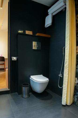 a bathroom with a toilet and a green wall at Aarambh By The Sky Imperial, Nathdwara in Nāthdwāra