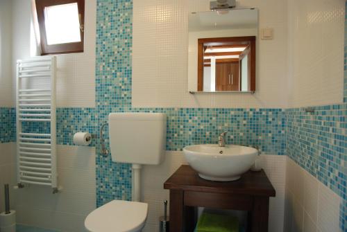 a bathroom with a sink and a toilet and a mirror at Bungalouri Horizont in Odorheiu Secuiesc