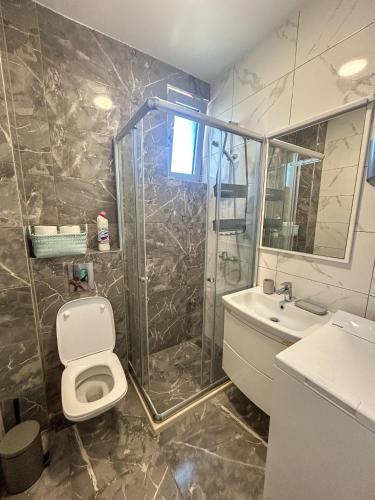 a bathroom with a shower and a toilet and a sink at Flabelline in Bar