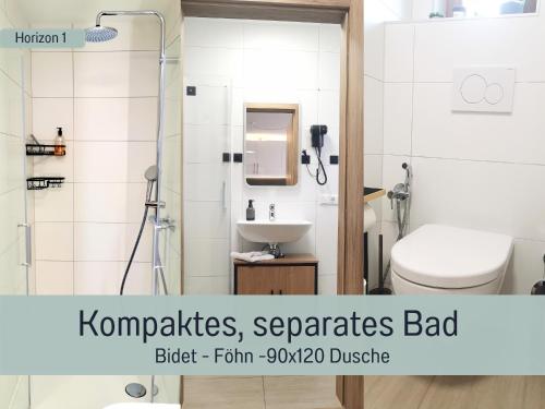 Ένα μπάνιο στο Newman Horizon Apartments Zirndorf - Playmobil Funpark, Nähe Messe Nürnberg und Fürth, 4 Pers, 24h Self Checkin, Waschmaschine, großer Parkplatz