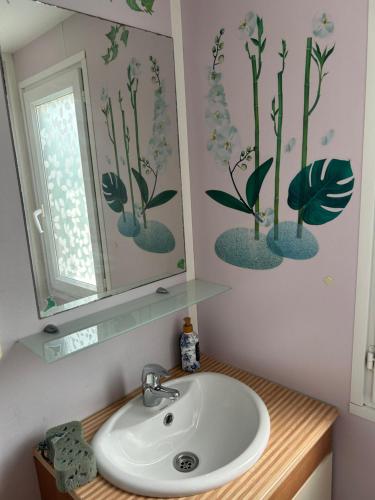 un baño con lavabo y espejo en Les Dunes, en Le Grau d'Agde