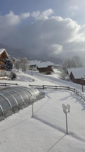 a snow covered roof of a building with lights in it at Le Chabi in La Chapelle-dʼAbondance
