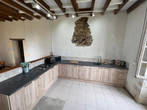 a kitchen with wooden cabinets and a counter top at La Maison du Coeur Calme in Cancon