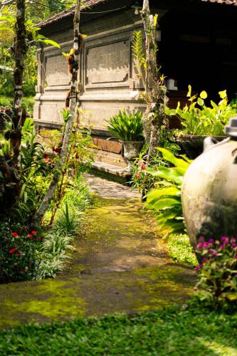 a garden with a path leading to a building with flowers at Mesari Cottage Guest House in Buleleng