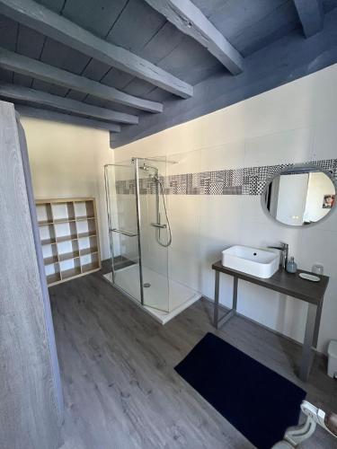 a bathroom with a glass shower and a sink at Le Logis in Angoulême