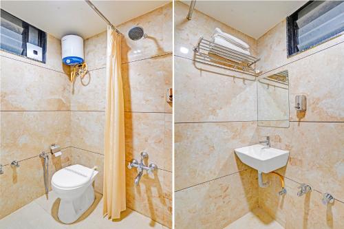 two pictures of a bathroom with a toilet and a sink at FabHotel Siddharth Inn - Nr Siddharth Bunglows in Gandhinagar
