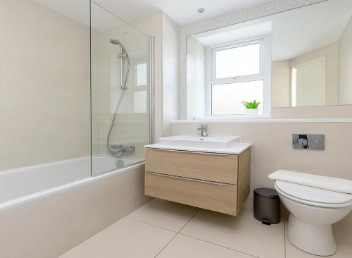 a bathroom with a toilet and a sink and a shower at 1 Bed Flat near Syon Park in Isleworth