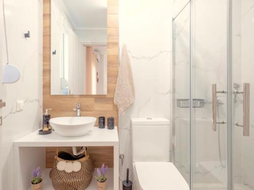 a bathroom with a sink and a toilet and a shower at Villa Sky in Skaleta