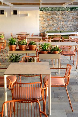 an empty restaurant with tables and chairs and potted plants at ANEMI Folegandros in Karavostasi