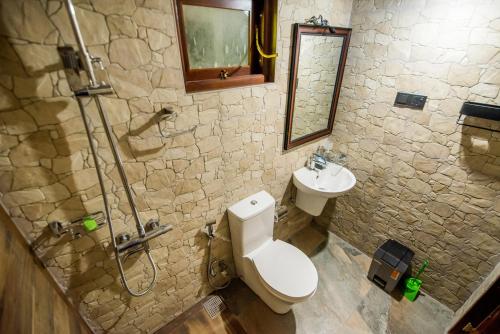 a bathroom with a shower and a toilet and a sink at Fortress de Jayaweera - Historic Villa Bentota - A proud legacy since 1889 in Bentota