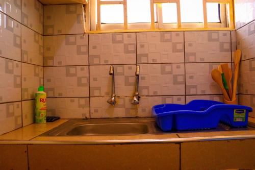 a kitchen sink with a blue tray next to it at Khalisee homes studio apartment 3 in Voi