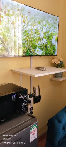 a flat screen tv on a wall above a coffee machine at Khalisee homes studio apartment 3 in Voi