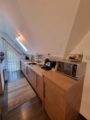 a kitchen with a counter top with a microwave at Apartament Kalinderu K1 Bușteni in Buşteni