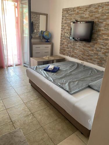 a bedroom with a bed and a tv on a brick wall at Budva in Budva