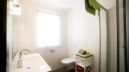 a white bathroom with a toilet and a sink at Huberbauer in Johnsbach