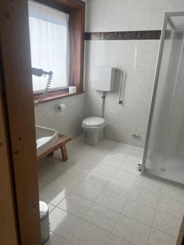 a bathroom with a toilet and a sink and a window at Hotel Angelica in Livigno