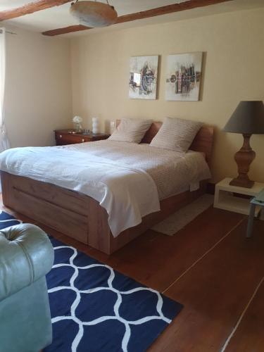 a bedroom with a large bed and a blue rug at Domaine d'Alémanie in Ebersmunster