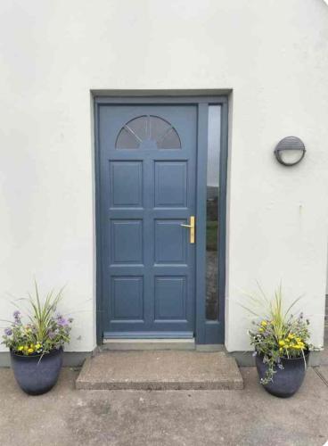 a blue door on a white house with two plants at Lomonagh Lodge Portmagee in Lateeve