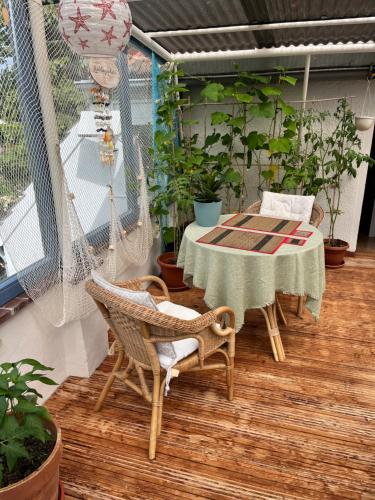 a patio with a table and chairs and potted plants at Hering FeWo II Apartment Balcony in Wiek auf Rügen 