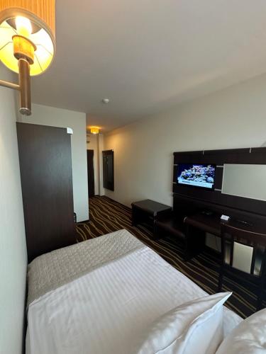 a hotel room with a bed and a flat screen tv at Hotel Business Faltom Gdynia in Rumia