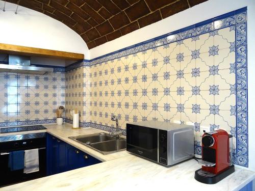 a kitchen with a sink and a microwave at Casa do Limoeiro - sleeps up to 4 comfortably in Serpa