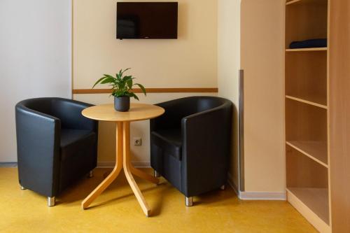 two chairs and a table with a potted plant at Schanzenstern Altona GmbH in Hamburg