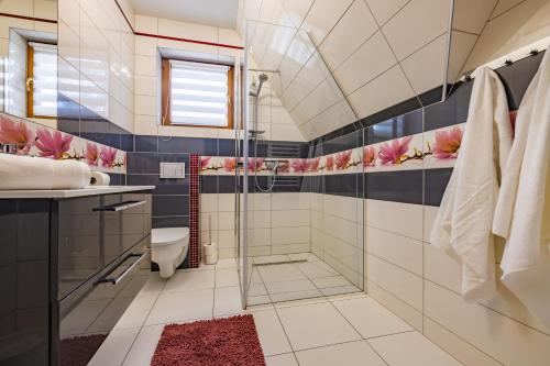 a bathroom with a shower and a toilet at Dom na Górce in Groń