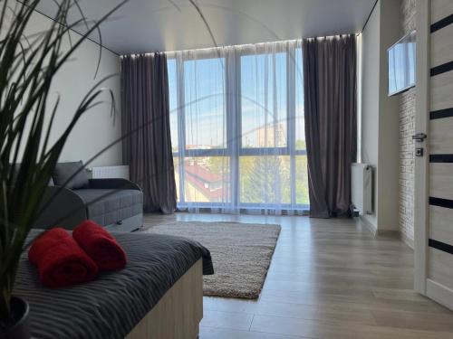 a living room with a couch and a large window at Апартаменти Замонастирська in Ternopilʼ