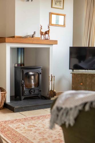 a living room with a television and a fireplace at Beautiful Box Hill Lodge in Box