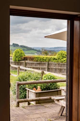 a view of a garden through a sliding glass door at Beautiful Box Hill Lodge in Box