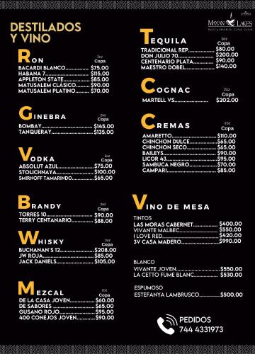 a menu for a restaurant on a black background at Departamento Mayan Lakes T9 - Albercas, club de playa, tenis, pádel y más in Acapulco