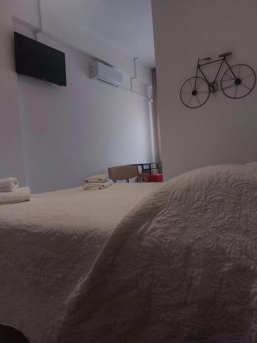 a bedroom with a bike hanging on the wall at Hotel San Domingo in Lido di Camaiore