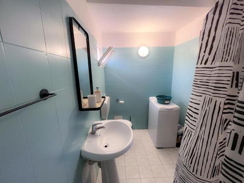 a bathroom with a sink and a shower curtain at Monolocale in Asti Centro in Palazzo storico 30min da Alba Fiera del Tartufo in Asti