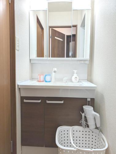 a bathroom with a sink and a mirror at Nagoya Station is 17 minutes by car parking for 2 cars! Up to 11 people pets welcome! in Kiyosu