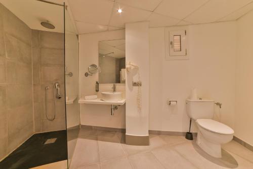 a bathroom with a shower and a toilet and a sink at Apartamentos Azul Playa in Cala d´Or