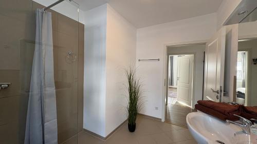 a bathroom with a sink and a shower and a toilet at Haus am Röblinsee - Ferienwohnungen in Fürstenberg in Fürstenberg-Havel