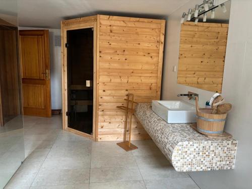 a bathroom with a sink and a wooden wall at Nicole in Hartau